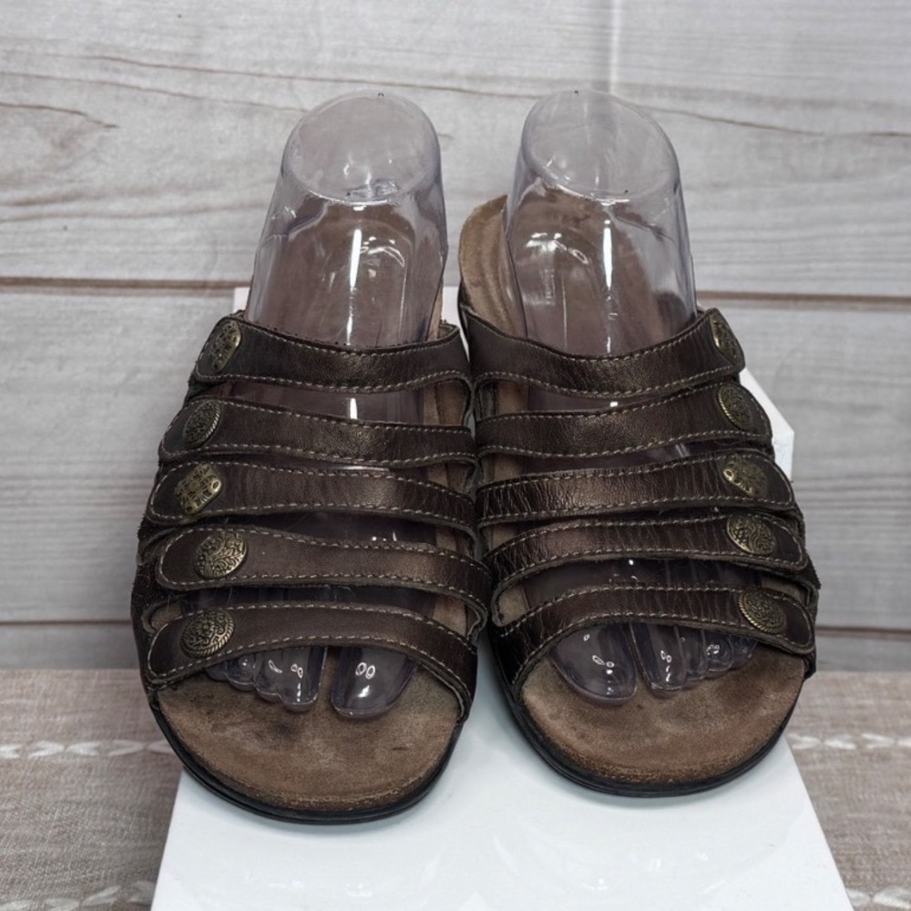 Dansko Bronze Metallic Leather Multi Strap Slide Sandals Brass Buttons Size 41